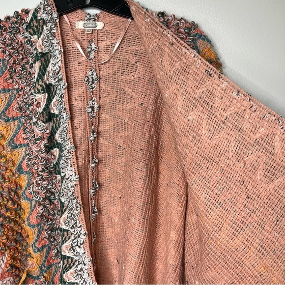 Boho Pink Orange Knit Kimono Wrap Shawl Cape Poncho Pockets One Size Bohemian - Picture 8 of 10
